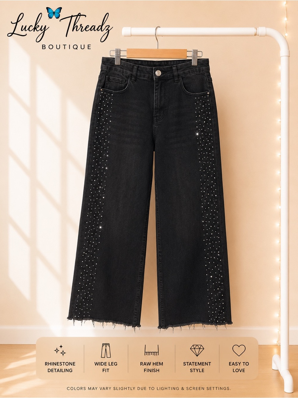 Flying Angel Black Rhinestone Wide Leg Jeans Size 11 / 30 Raw Hem⁠